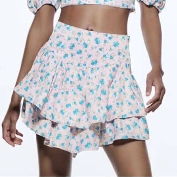 ZARA FLORAL SATIN EFFECT RUFFLED SKIRT - Picture 15 of 15